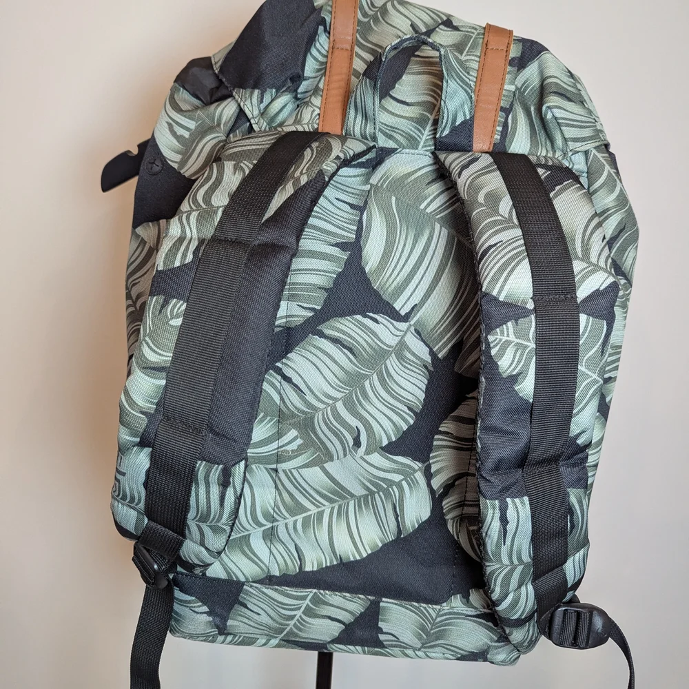 Herschel Supply Company Green Leaf Print Backpack with Tan Straps